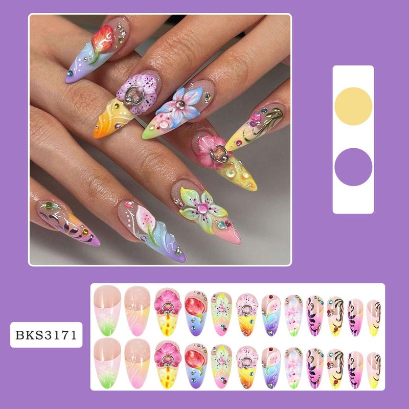 SEENEEY Long Press on Nails Almond Fake Nails Flowers Colorful Artificial Nail with Rhinestone Designs Stick on Nail for Women 24pcs - Image 3